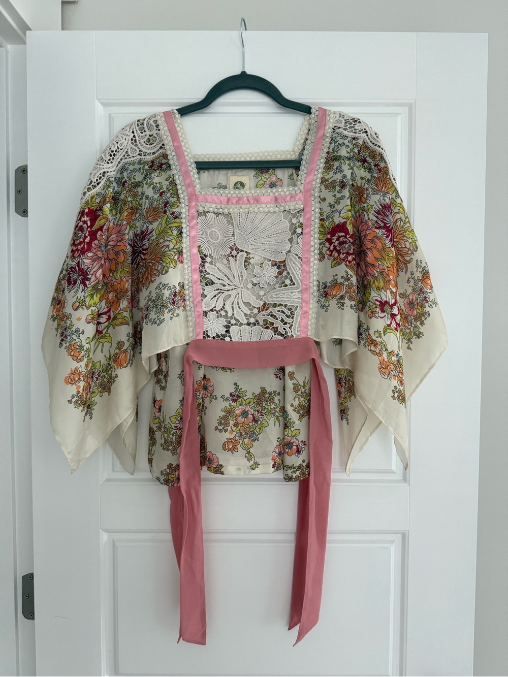 Floral Lace-Trim Cream Blouse with Pink Sash